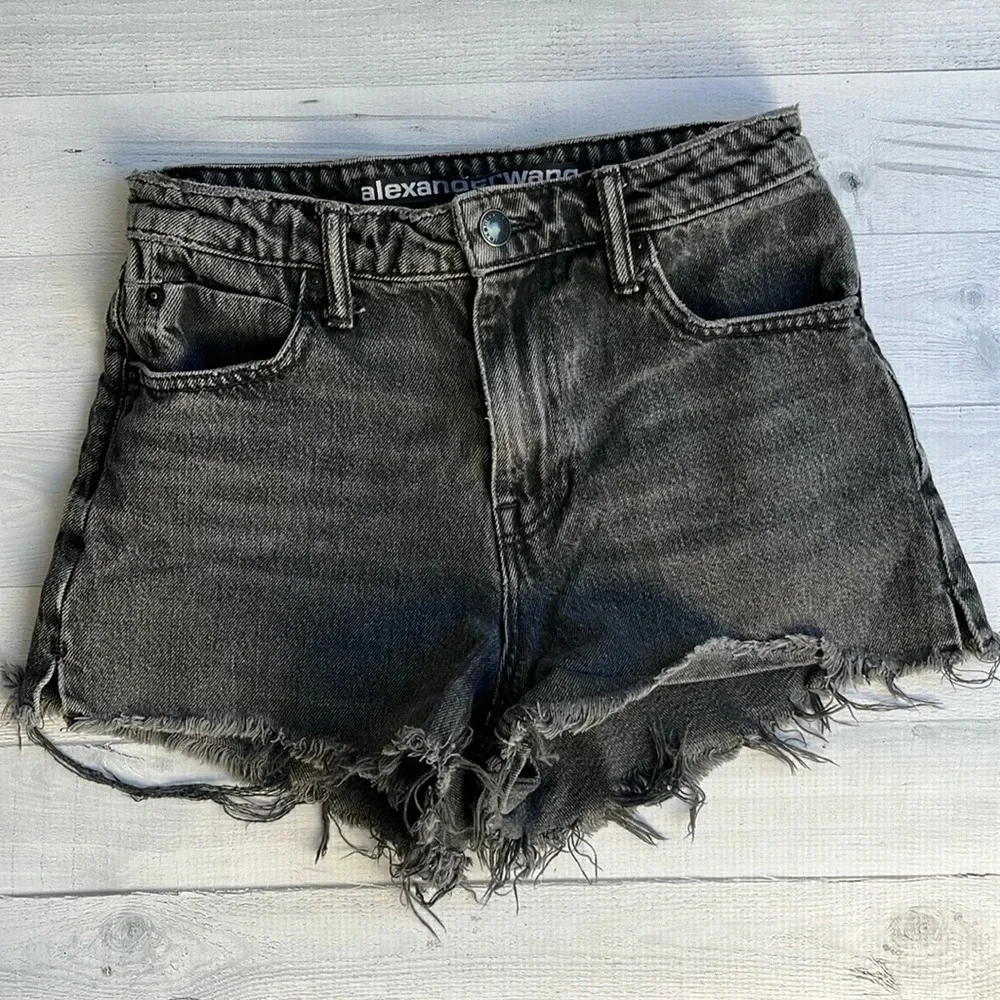 Alexander Wang Faded Black Bite High Rise Cut Off Shorts 24 - Picture 1 of 7